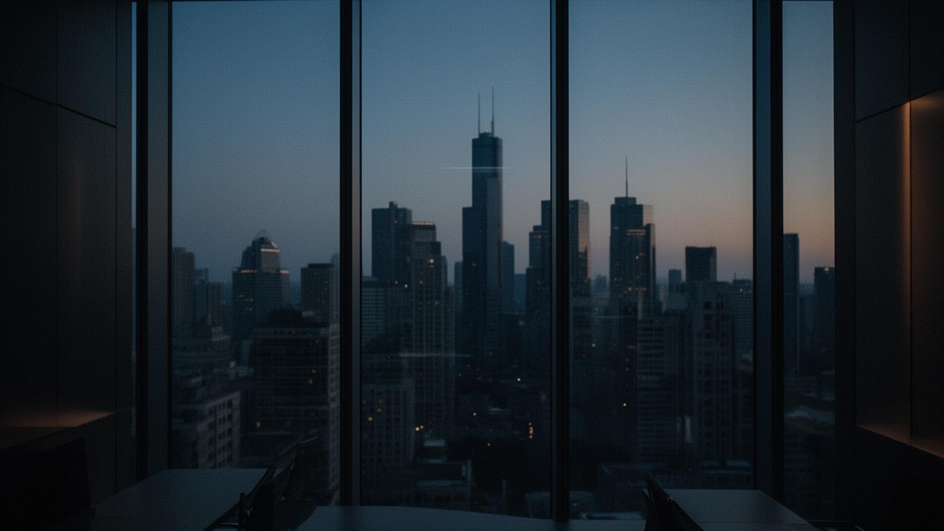 A city skyline at dusk seen through the windows of a modern office
